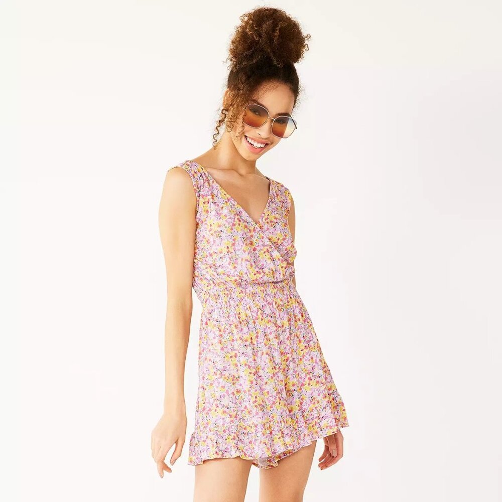Rewind V-Neck Front Wrap Romper Ruffeled Hem XS NWT